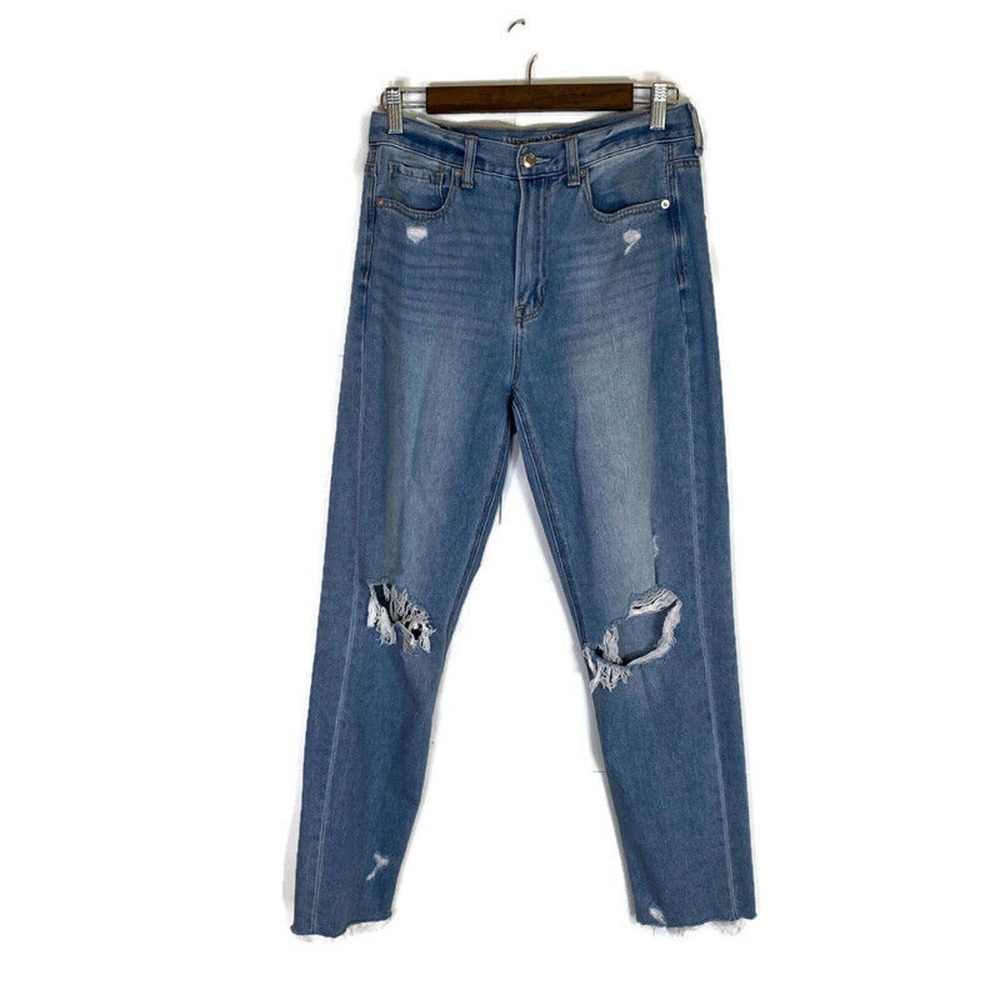 American Eagle Jeans Sz 6 Long Mom Jean Distressed Destroyed Light Wash Ankle